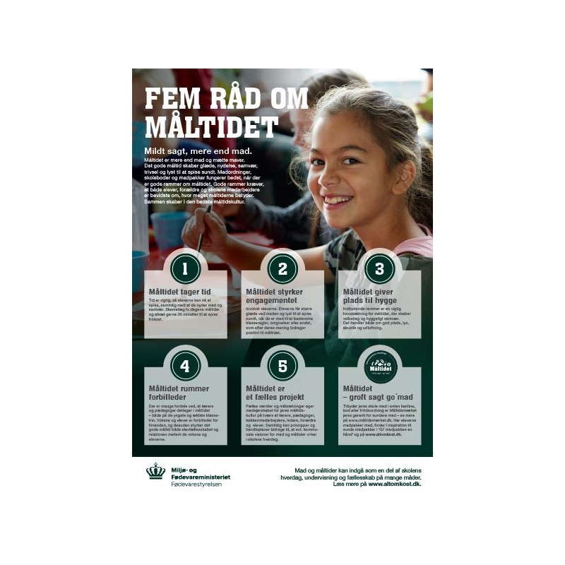 A4 plakat – ”Fem råd om måltidet” (til skoler og fritidsordninger) A4 plakat – ”Fem råd om måltidet” (til skoler og fritidsordninger)